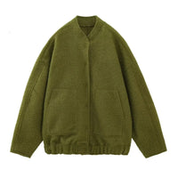 Oversized Wool Coat with Round Neck and Buttons - Selena-Army Green-S-State of Style