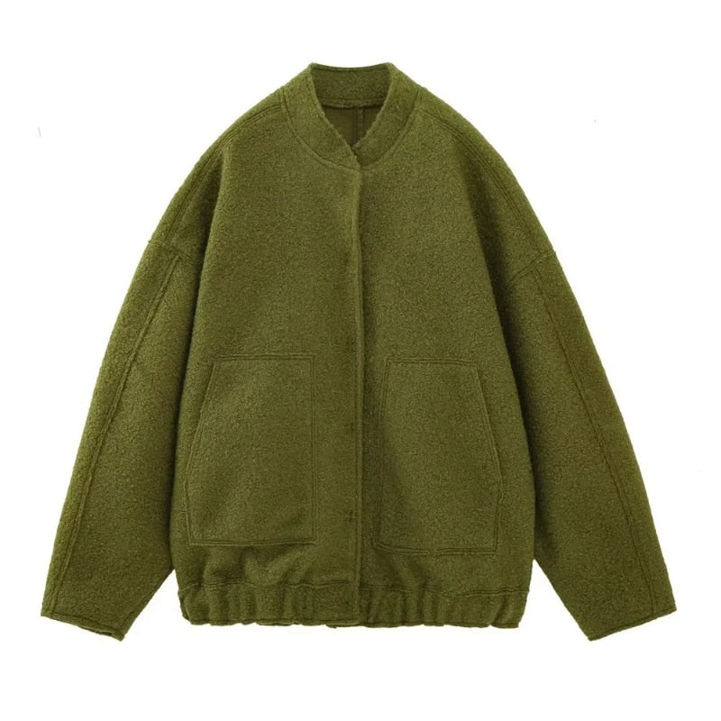 Oversized Wool Coat with Round Neck and Buttons - Selena-Army Green-S-State of Style