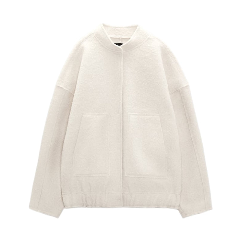 Oversized Wool Coat with Round Neck and Buttons - Selena-Beige-S-State of Style