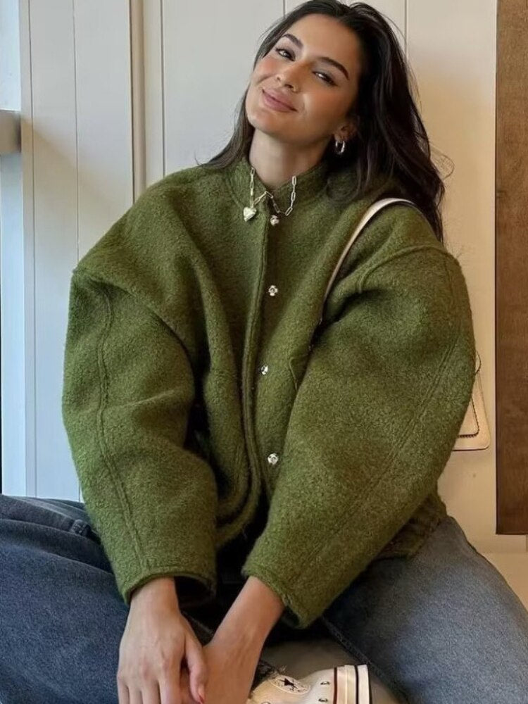 Oversized Wool Coat with Round Neck and Buttons - Selena-Camel-S-State of Style