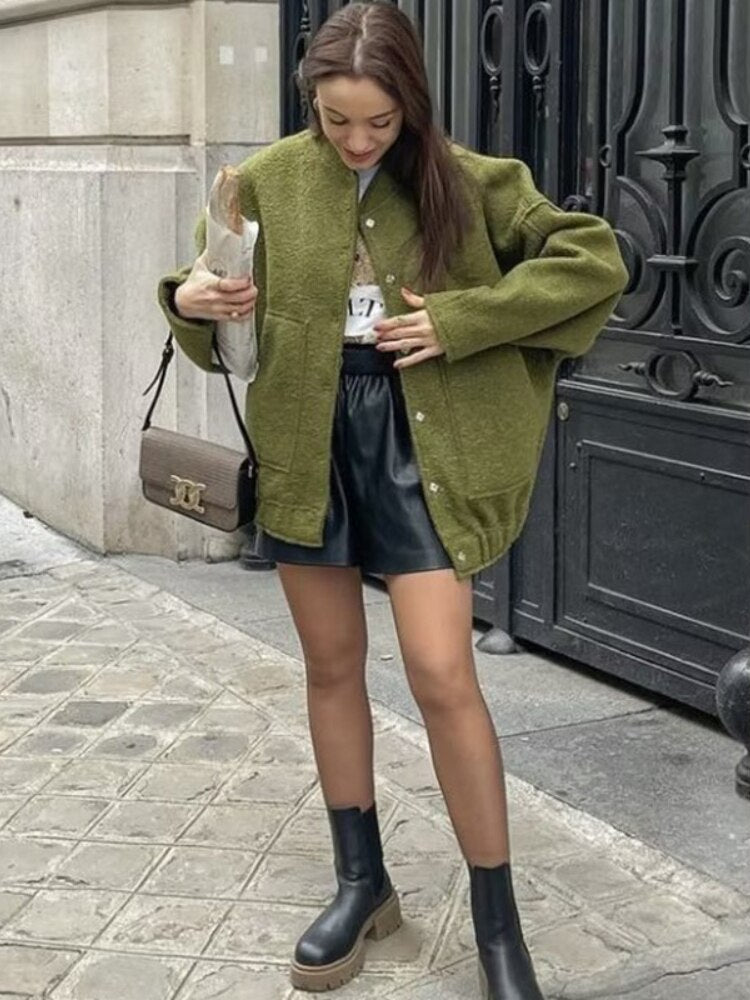 Oversized Wool Coat with Round Neck and Buttons - Selena-Camel-S-State of Style