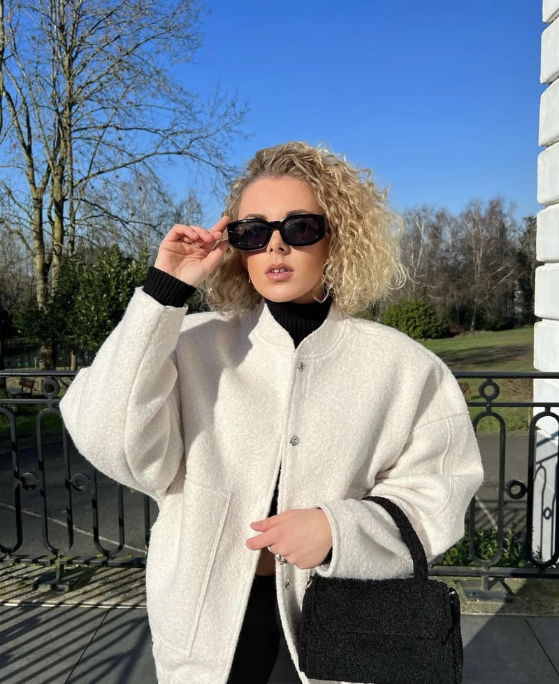 Oversized Wool Coat with Round Neck and Buttons - Selena-Camel-S-State of Style