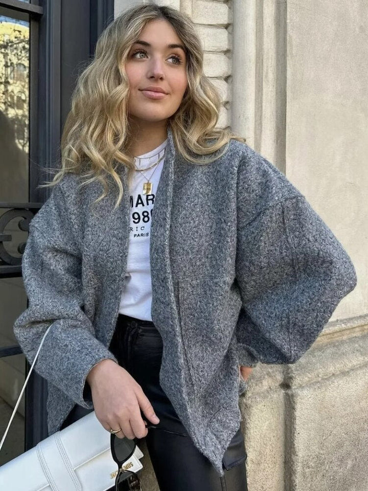 Oversized Wool Coat with Round Neck and Buttons - Selena-Camel-S-State of Style