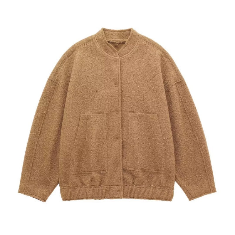 Oversized Wool Coat with Round Neck and Buttons - Selena-Camel-S-State of Style