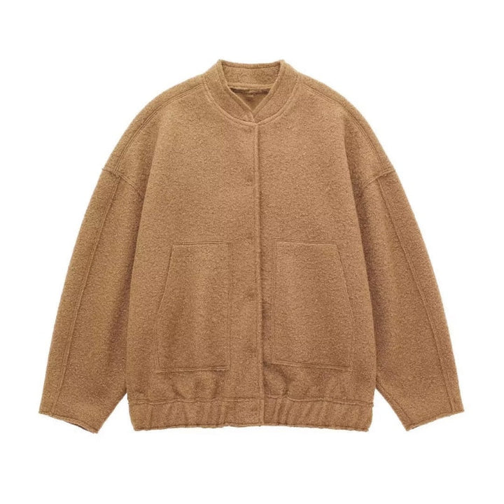 Oversized Wool Coat with Round Neck and Buttons - Selena-Camel-S-State of Style