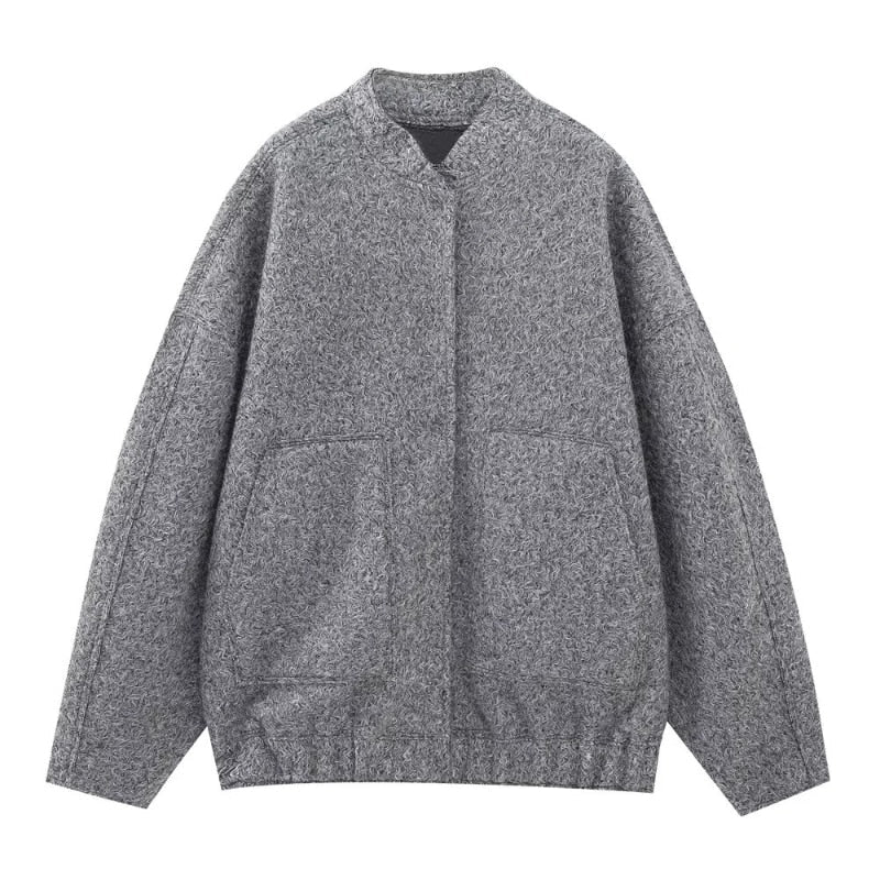 Oversized Wool Coat with Round Neck and Buttons - Selena-Grey-S-State of Style