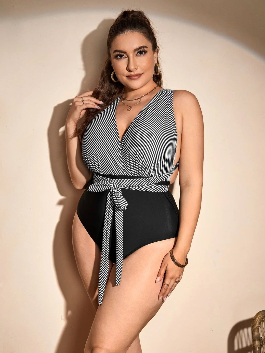 Patchwork Diva Plus-Size Swimsuit with Deep V-Neck-Black-2XL-State of Style