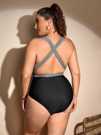 Patchwork Diva Plus-Size Swimsuit with Deep V-Neck-Black-2XL-State of Style