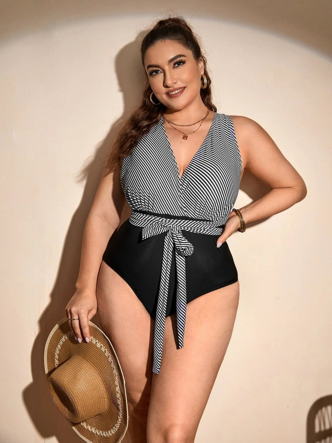 Patchwork Diva Plus-Size Swimsuit with Deep V-Neck-Black-2XL-State of Style