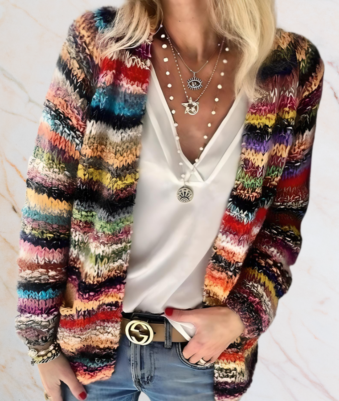 Phoebe – Multicoloured Open-Front Sweater with a Flattering Fit-XS-Red-State of Style