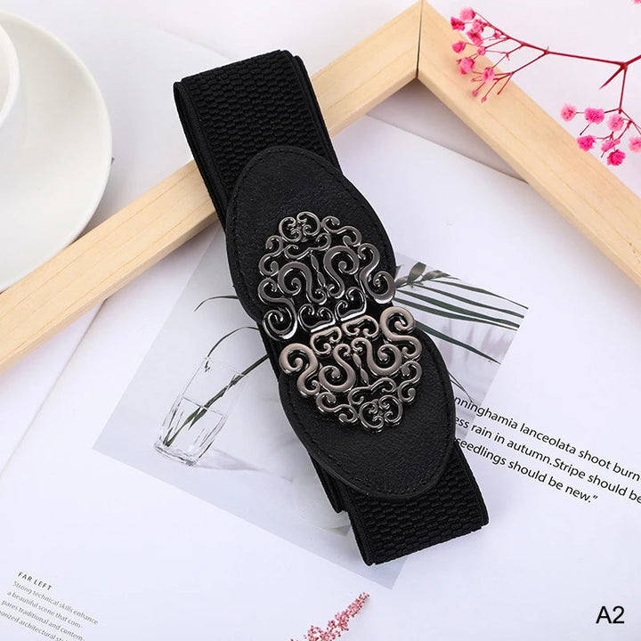 Pia Traditional Belt – Wide Elastic Belt with Elegant Rose Buckle-Black/black buckle-State of Style