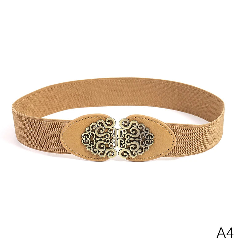 Pia Traditional Belt – Wide Elastic Belt with Elegant Rose Buckle-Brown-State of Style