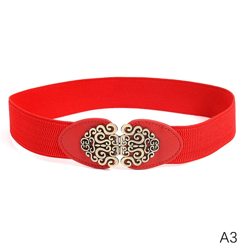 Pia Traditional Belt – Wide Elastic Belt with Elegant Rose Buckle-Red-State of Style