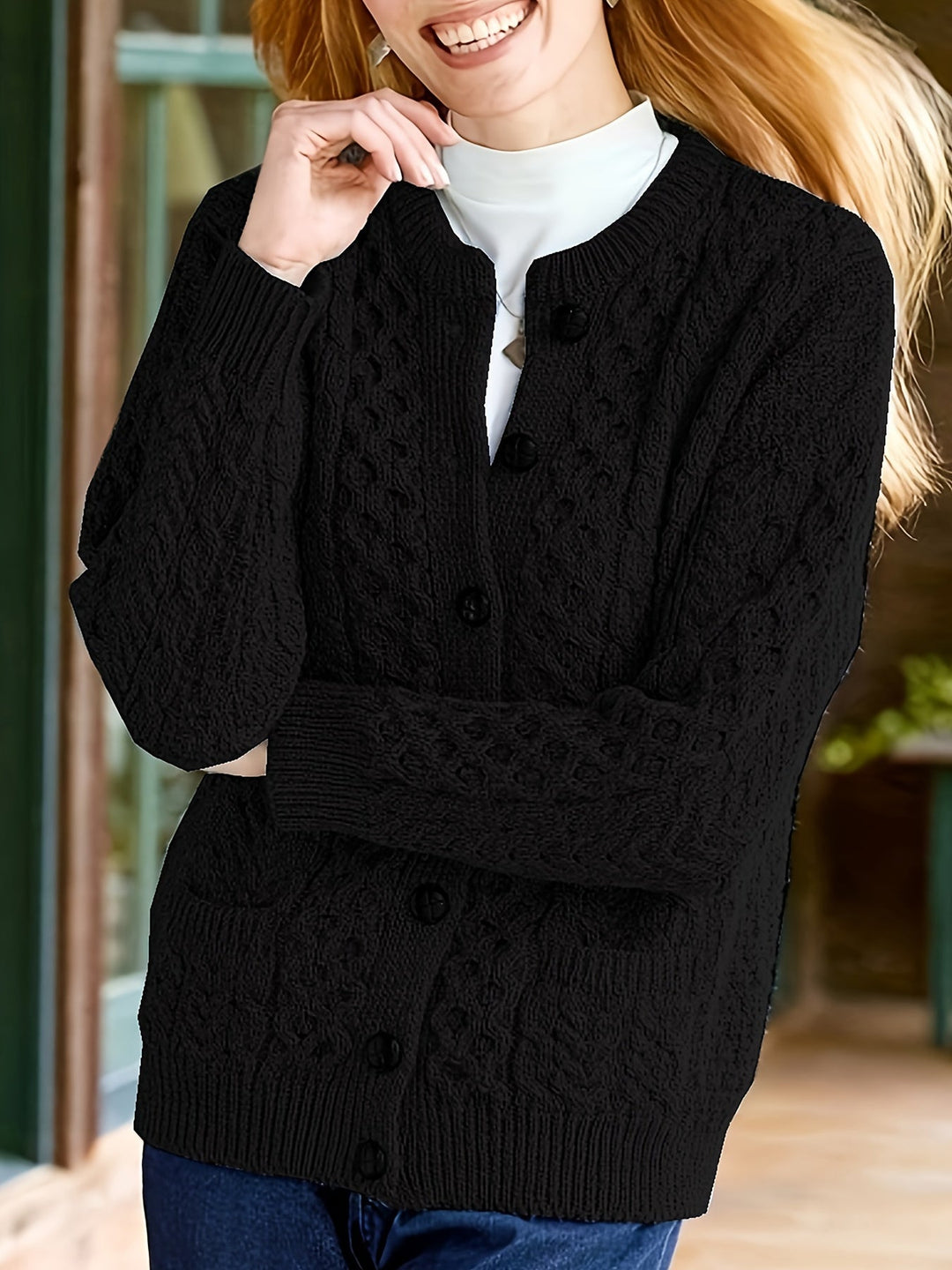 Plain Knitted Cardigan with Button Closure and Pockets - Olivia-Black-S-State of Style