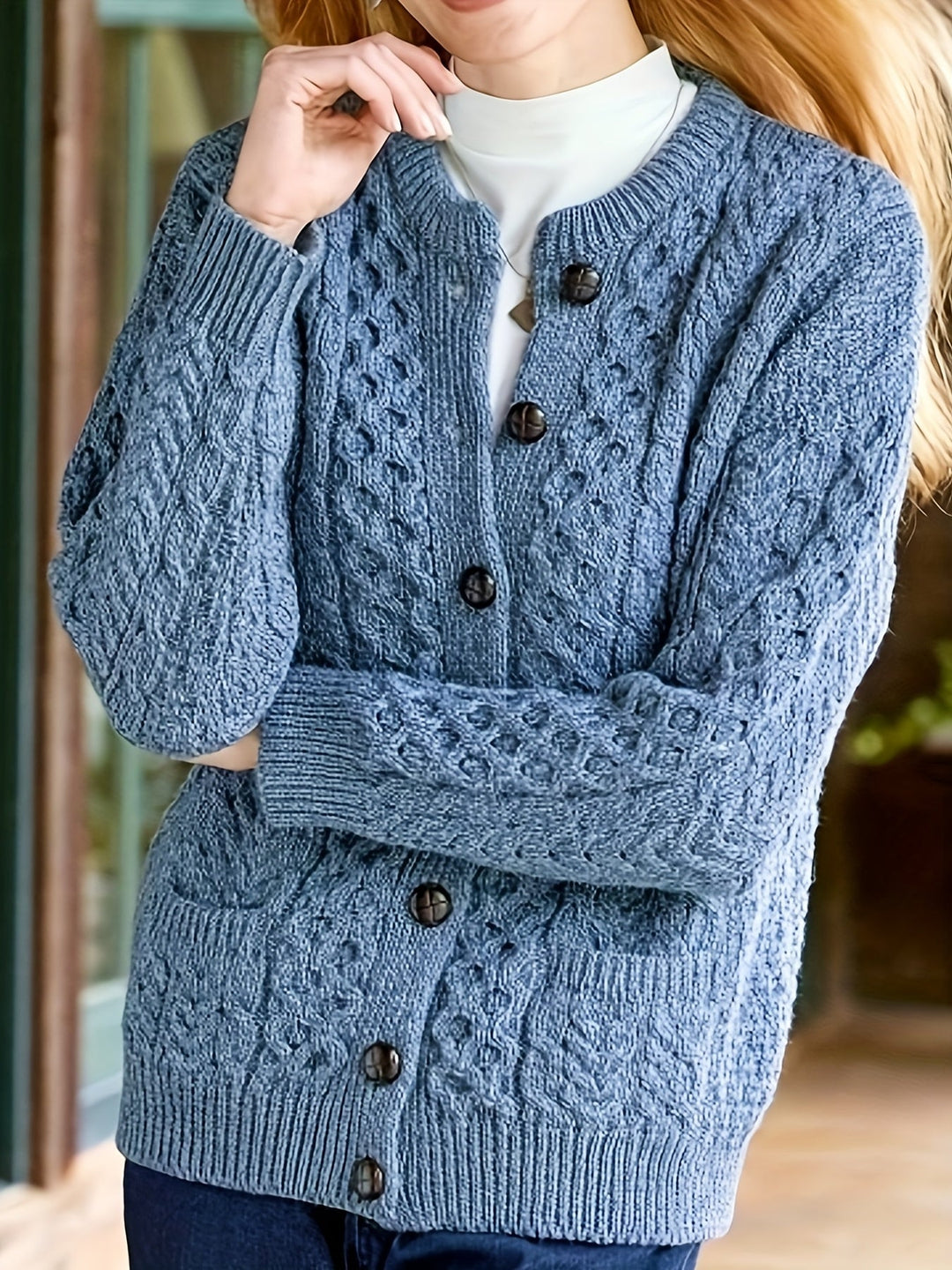Plain Knitted Cardigan with Button Closure and Pockets - Olivia-Blue-S-State of Style