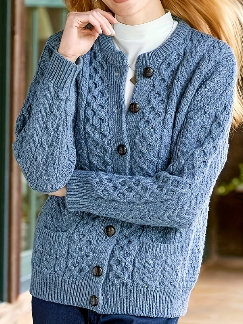 Plain Knitted Cardigan with Button Closure and Pockets - Olivia-Blue-S-State of Style