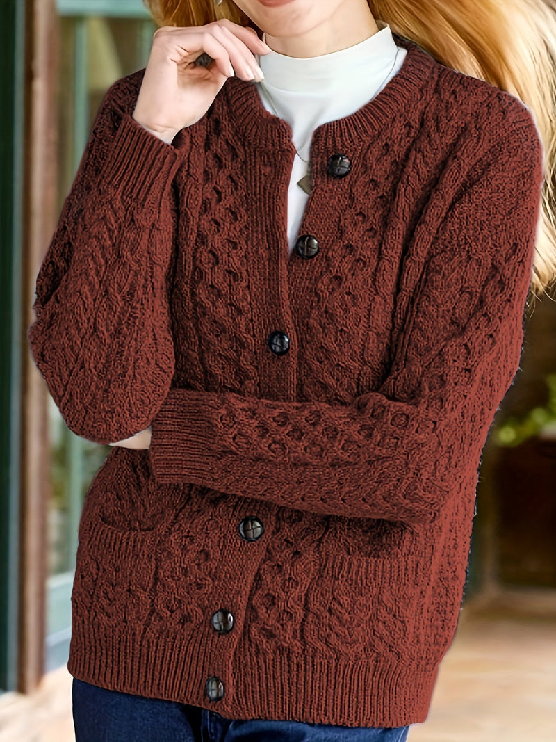 Plain Knitted Cardigan with Button Closure and Pockets - Olivia-Brown-S-State of Style