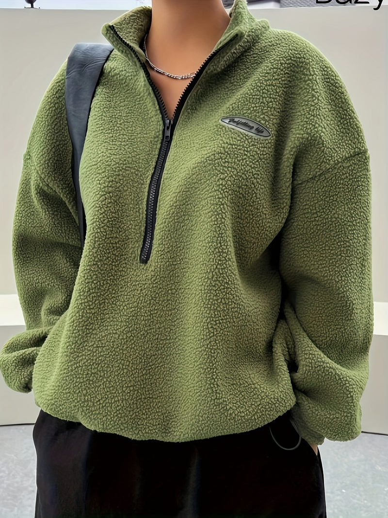 Plain Pullover Sweatshirt with Zipper - Nina-Green-S-State of Style