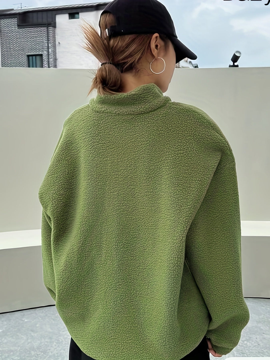 Plain Pullover Sweatshirt with Zipper - Nina-Green-S-State of Style