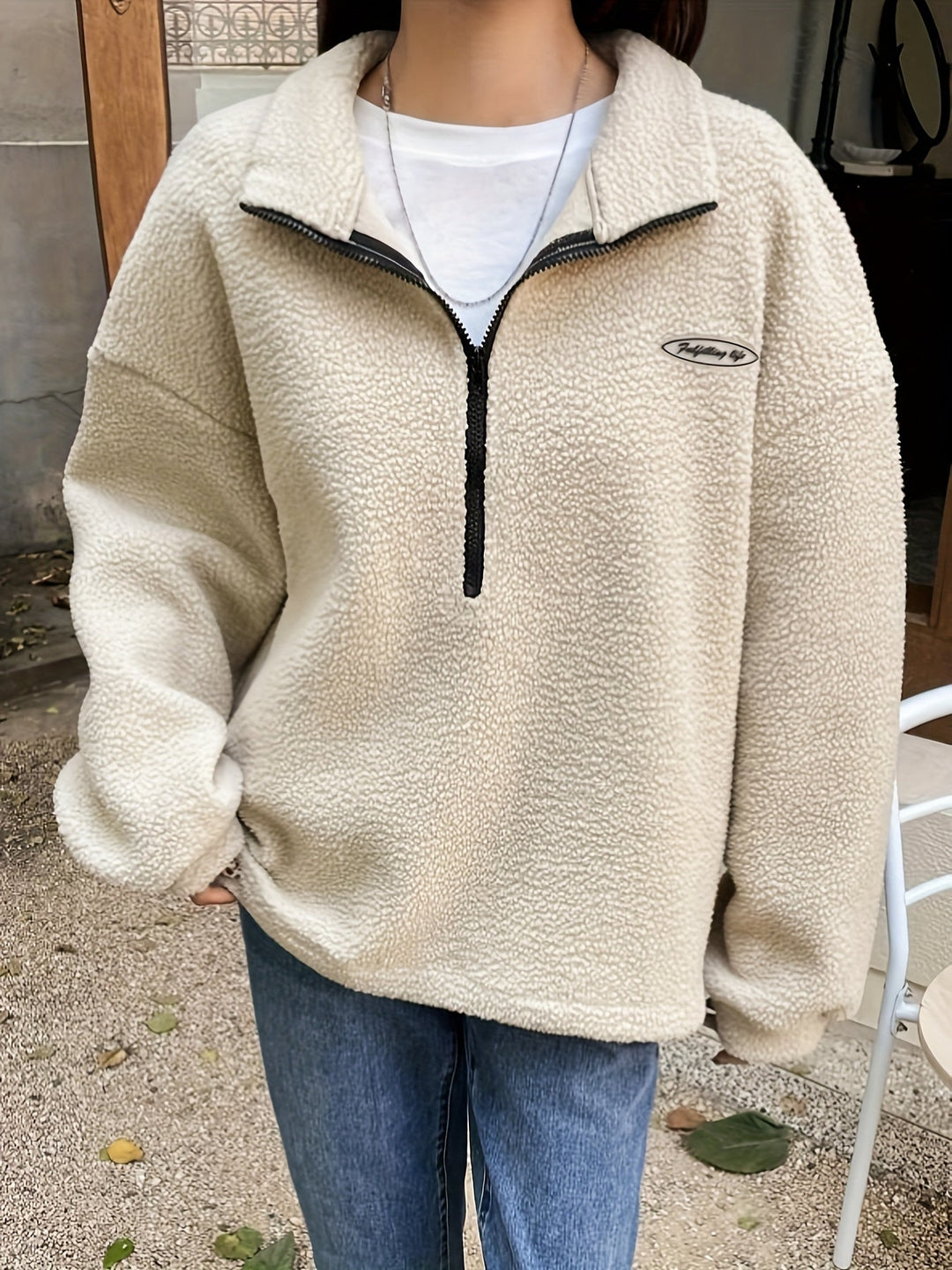 Plain Pullover Sweatshirt with Zipper - Nina-Green-S-State of Style