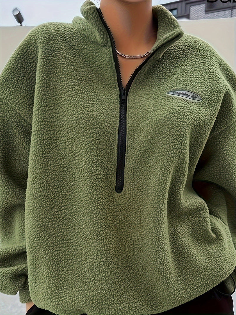 Plain Pullover Sweatshirt with Zipper - Nina-Green-S-State of Style