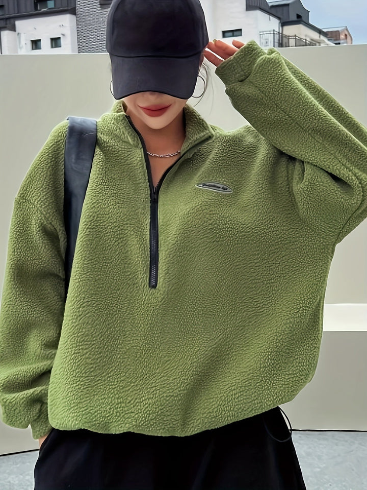 Plain Pullover Sweatshirt with Zipper - Nina-Green-S-State of Style