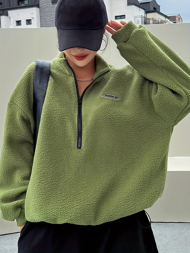 Plain Pullover Sweatshirt with Zipper - Nina-Green-S-State of Style