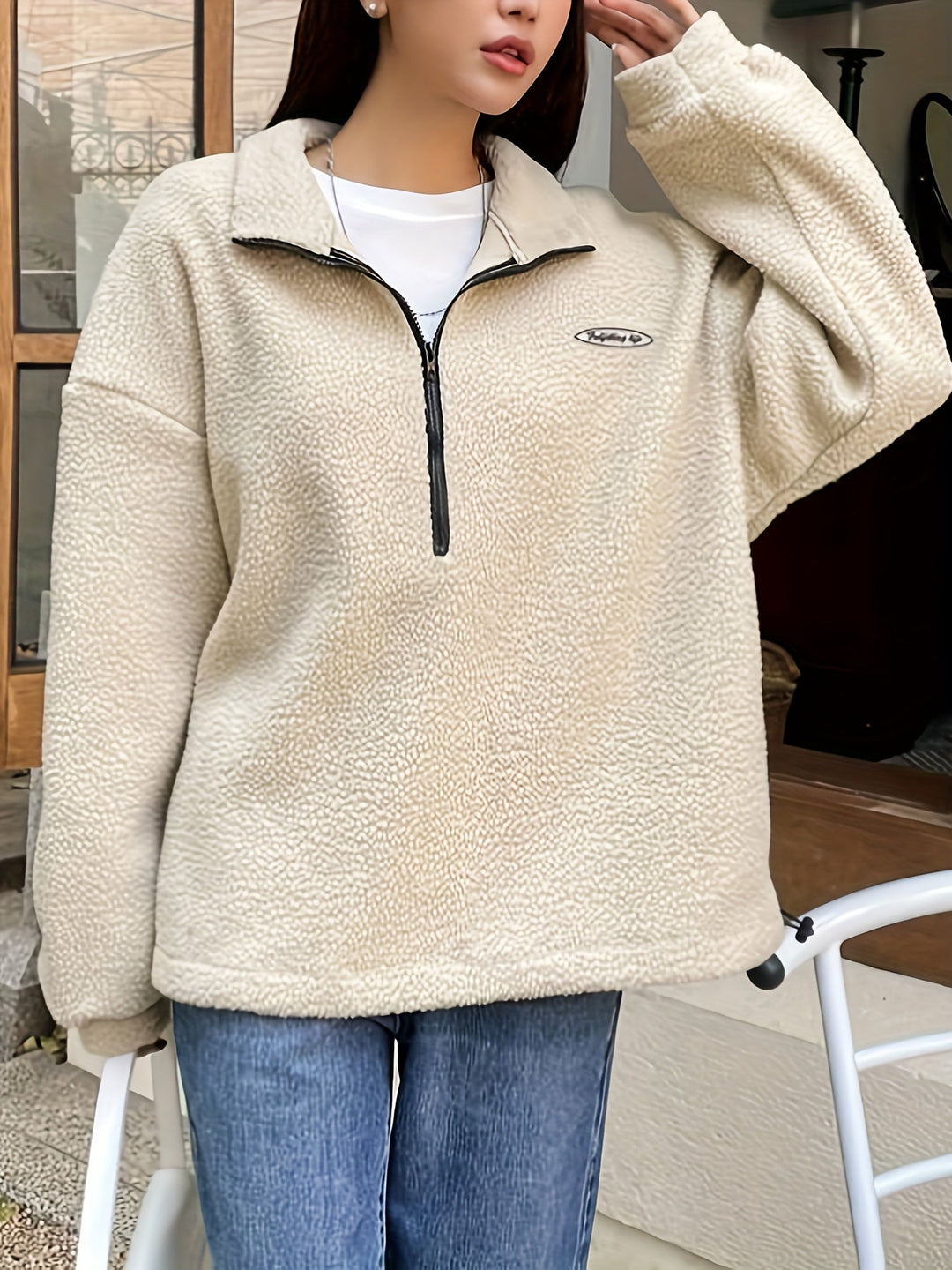 Plain Pullover Sweatshirt with Zipper - Nina-Green-S-State of Style