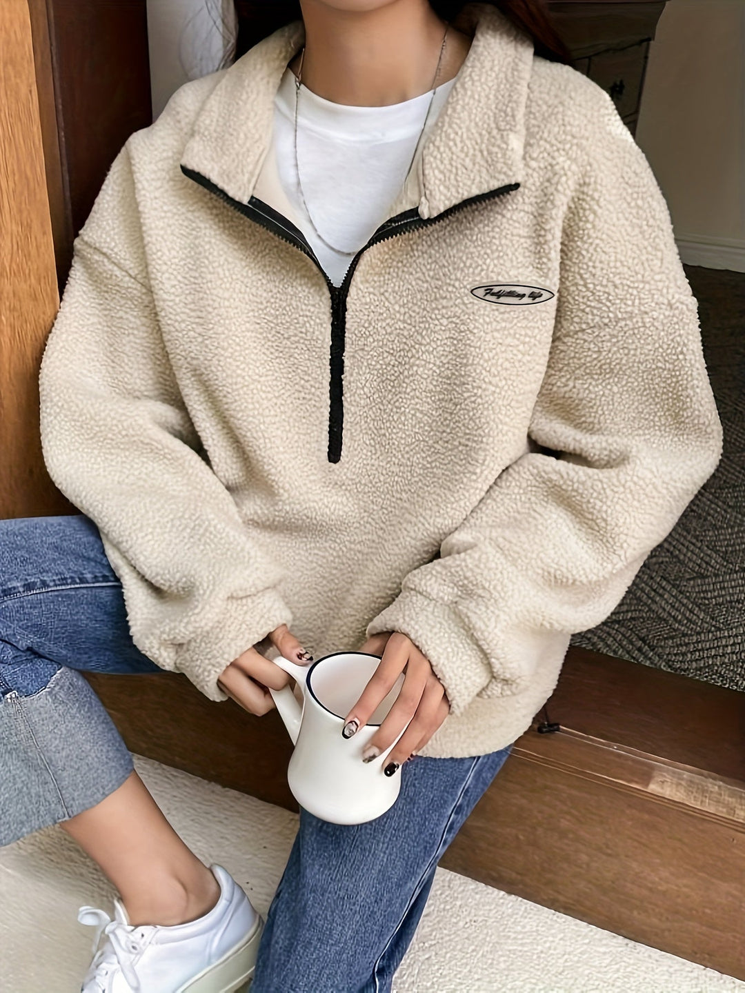 Plain Quarter-Zip Pullover Sweatshirt – Nina-Beige-S-State of Style