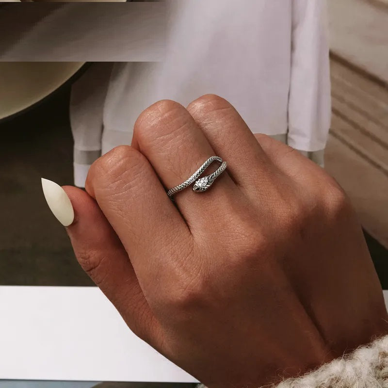 Platinum Reptile Ring | Green Zircon Spiral-Silver-State of Style
