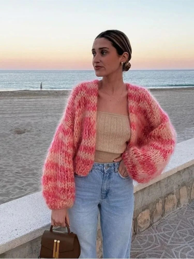 Playful Knitted Cropped Cardigan with Puff Sleeves - Elise-Pink-S-State of Style