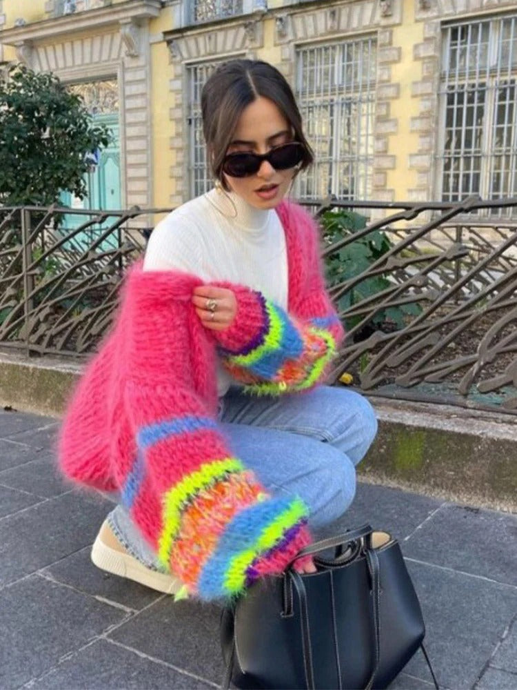 Playful Knitted Cropped Cardigan with Puff Sleeves - Elise-Purple-S-State of Style