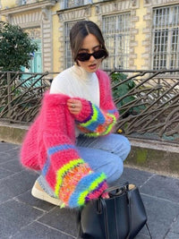 Playful Knitted Cropped Cardigan with Puff Sleeves - Elise-Purple-S-State of Style