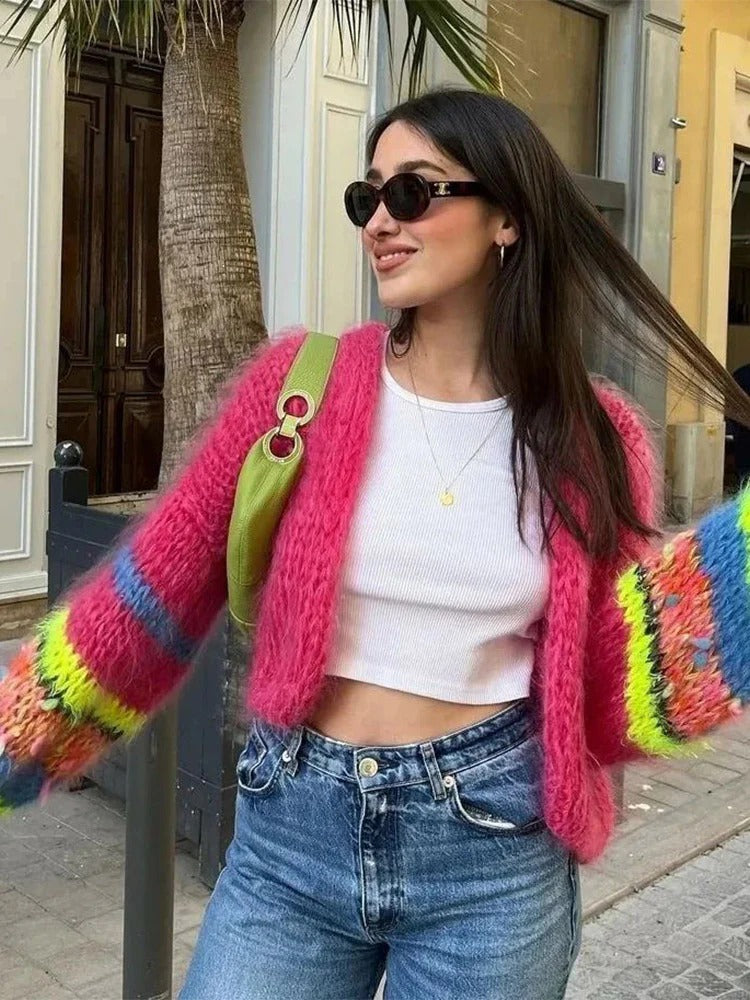 Playful Knitted Cropped Cardigan with Puff Sleeves - Elise-Purple-S-State of Style