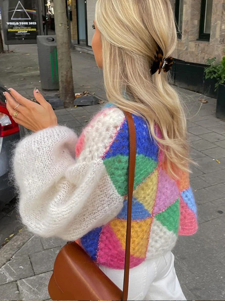 Playful Knitted Cropped Cardigan with Puff Sleeves - Elise-Purple-S-State of Style