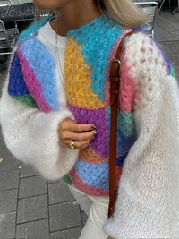 Playful Knitted Cropped Cardigan with Puff Sleeves - Elise-Purple-S-State of Style