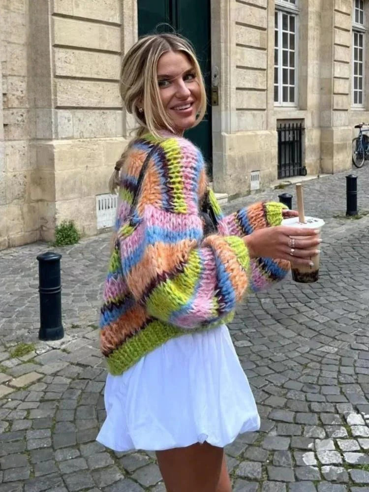 Playful Knitted Cropped Cardigan with Puff Sleeves - Elise-Purple-S-State of Style
