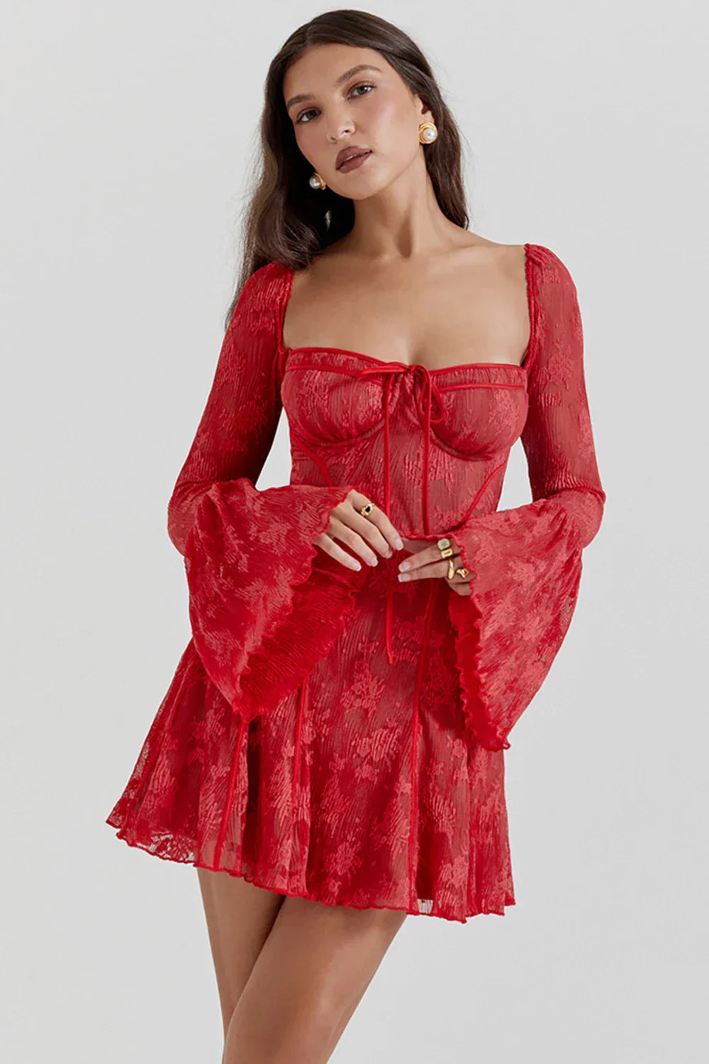 Playful lace mini dress with long sleeves – Arielle-Black-S-State of Style