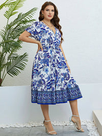 Plus-Size A-Line Party Dress with Floral Print & V-Neck-Blue-2XL-State of Style