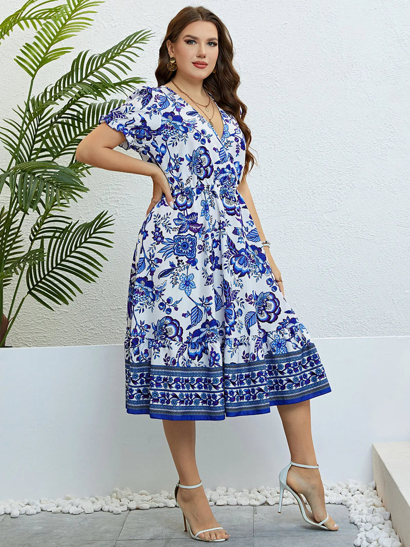 Plus-Size A-Line Party Dress with Floral Print & V-Neck-Blue-2XL-State of Style
