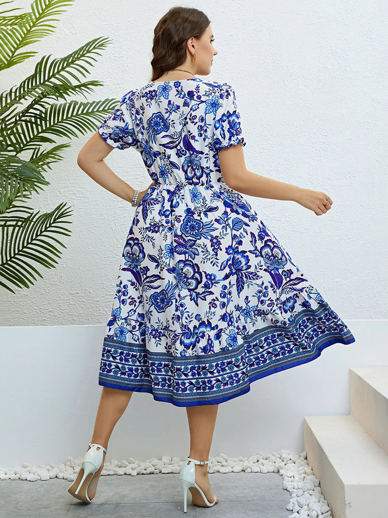 Plus-Size A-Line Party Dress with Floral Print & V-Neck-Blue-2XL-State of Style