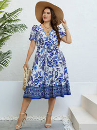 Plus-Size A-Line Party Dress with Floral Print & V-Neck-Blue-2XL-State of Style