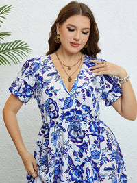 Plus-Size A-Line Party Dress with Floral Print & V-Neck-Blue-2XL-State of Style