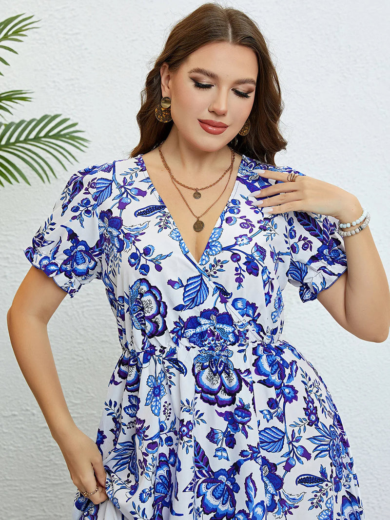 Plus-Size A-Line Party Dress with Floral Print & V-Neck-Blue-2XL-State of Style