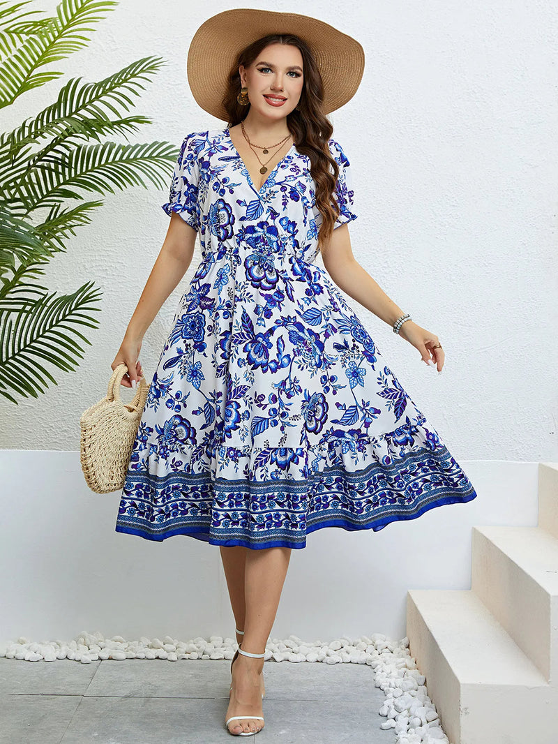 Plus-Size A-Line Party Dress with Floral Print & V-Neck-Blue-2XL-State of Style