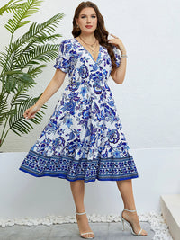 Plus-Size A-Line Party Dress with Floral Print & V-Neck-Blue-2XL-State of Style