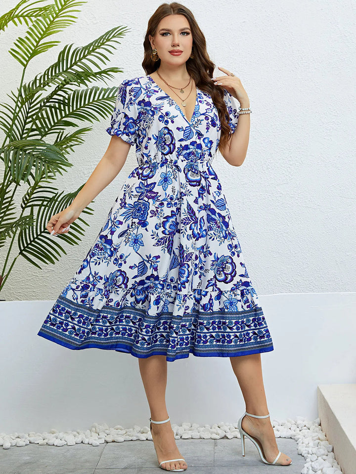 Plus-Size A-Line Party Dress with Floral Print & V-Neck-Blue-2XL-State of Style