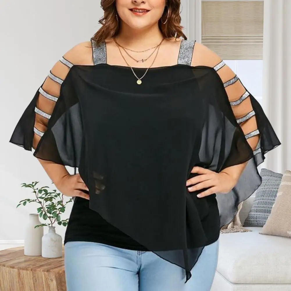 Plus Size Batwing Sleeve Tee with Boat Neck-Black-2XL-State of Style