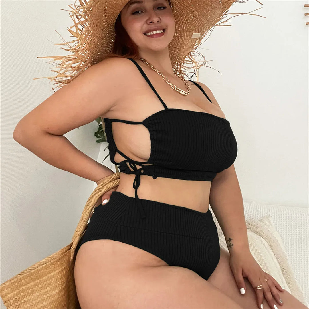 Plus Size Beach Babe Bikini Set with Side Tie-Black-2XL-State of Style