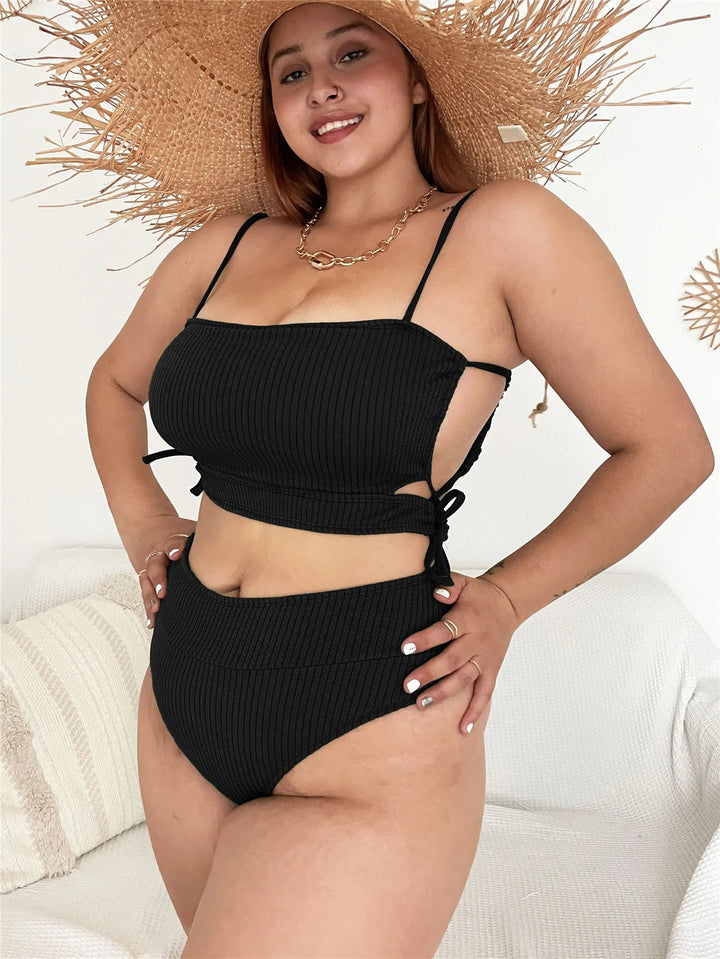 Plus Size Beach Babe Bikini Set with Side Tie-Black-2XL-State of Style
